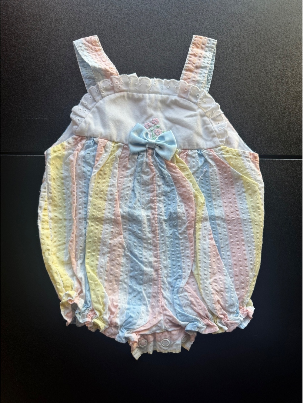 Vintage 80s 90s Baby Togs Pastel Stripe Bubble Romper 12M Seersucker Bow